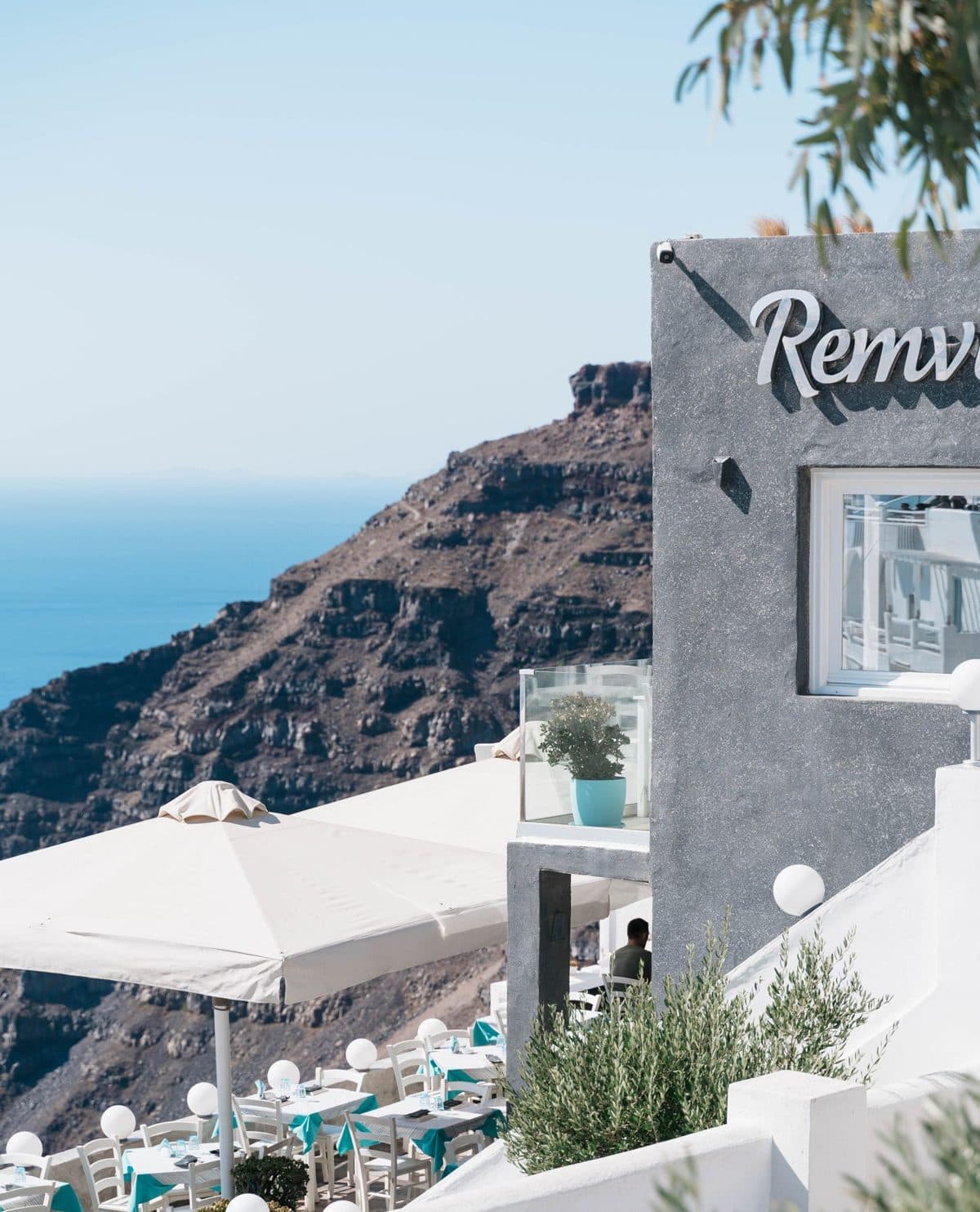 A café terrace with a sea view on a Greek island
